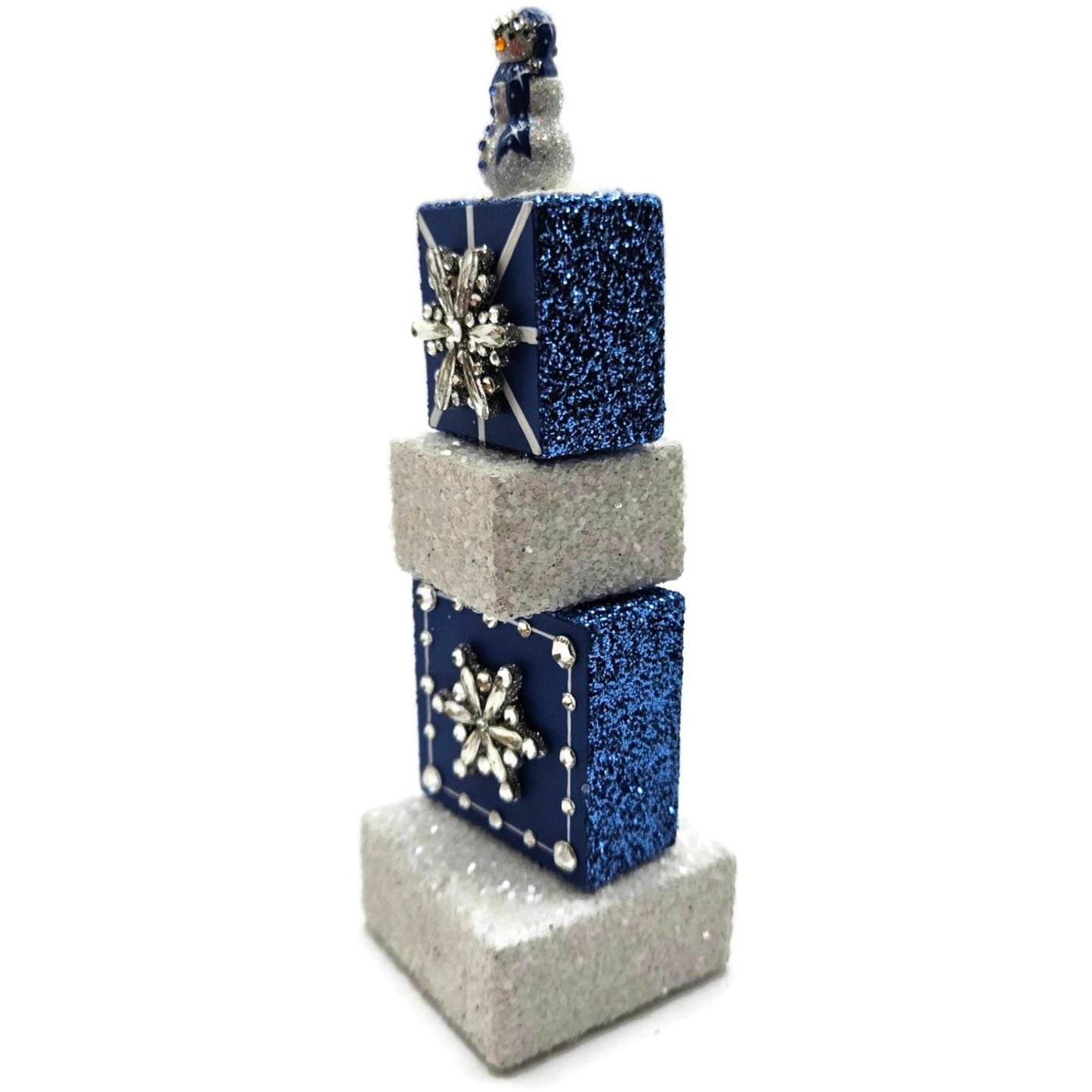 Patricia Breen Presenting Blue Snowman Jeweled Cube Tower Christmas Ornament