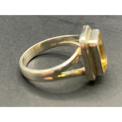 Emerald Cut Yellow Citrine Crystal Gemstone Ring 925 Sterling Silver Size 8.25