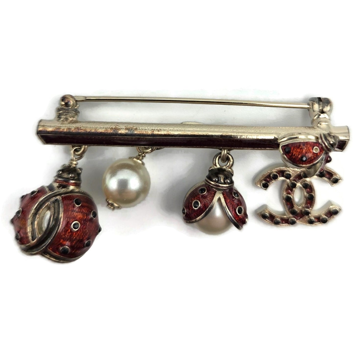 Chanel Gold Enamel Ladybug & Pearl Dangling Brooch A97981 Z5712 Spring 2018 VTG