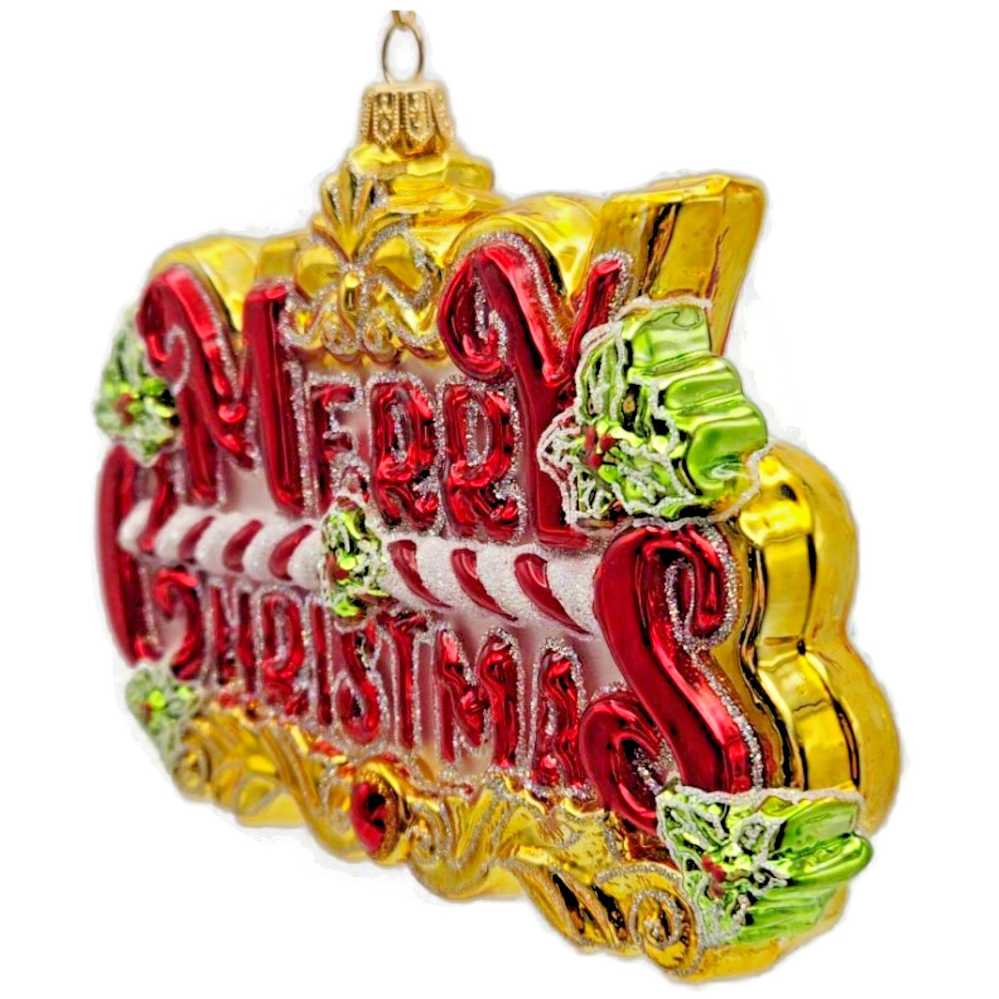 Heartfully Yours Radko Sign of Cheer Merry Christmas Holly Glass Ornament 30194