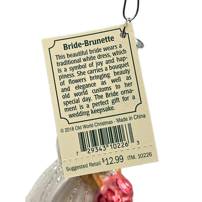 Old World Christmas Bride Brunette White Dress Pink Bouquet Christmas Ornament
