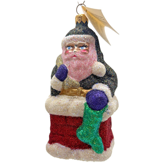 Larry Fraga Glitter Series Santa Claus in Chimney Glass Christmas Tree Ornament