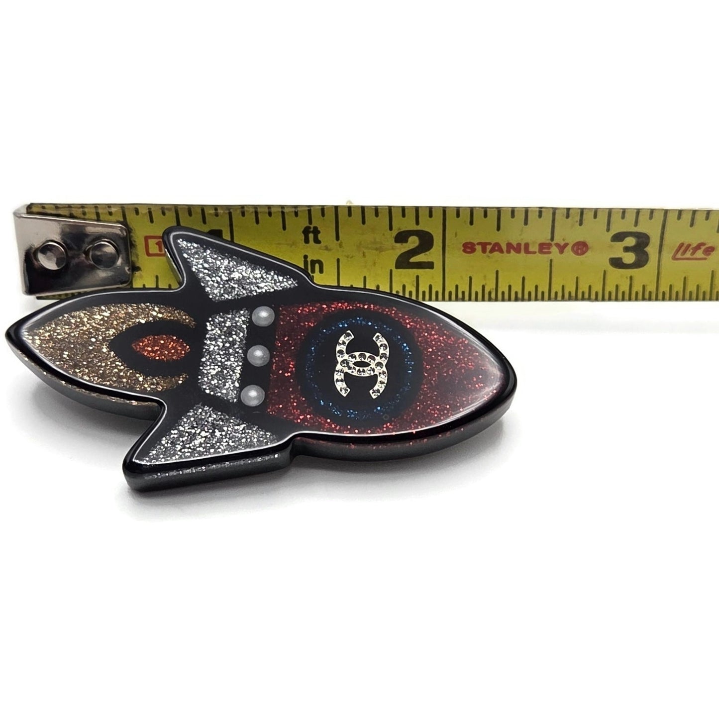 Chanel Rocket Brooch 17S A89416 Space Ship Pin Black Red Grey Glitter Rare Resin