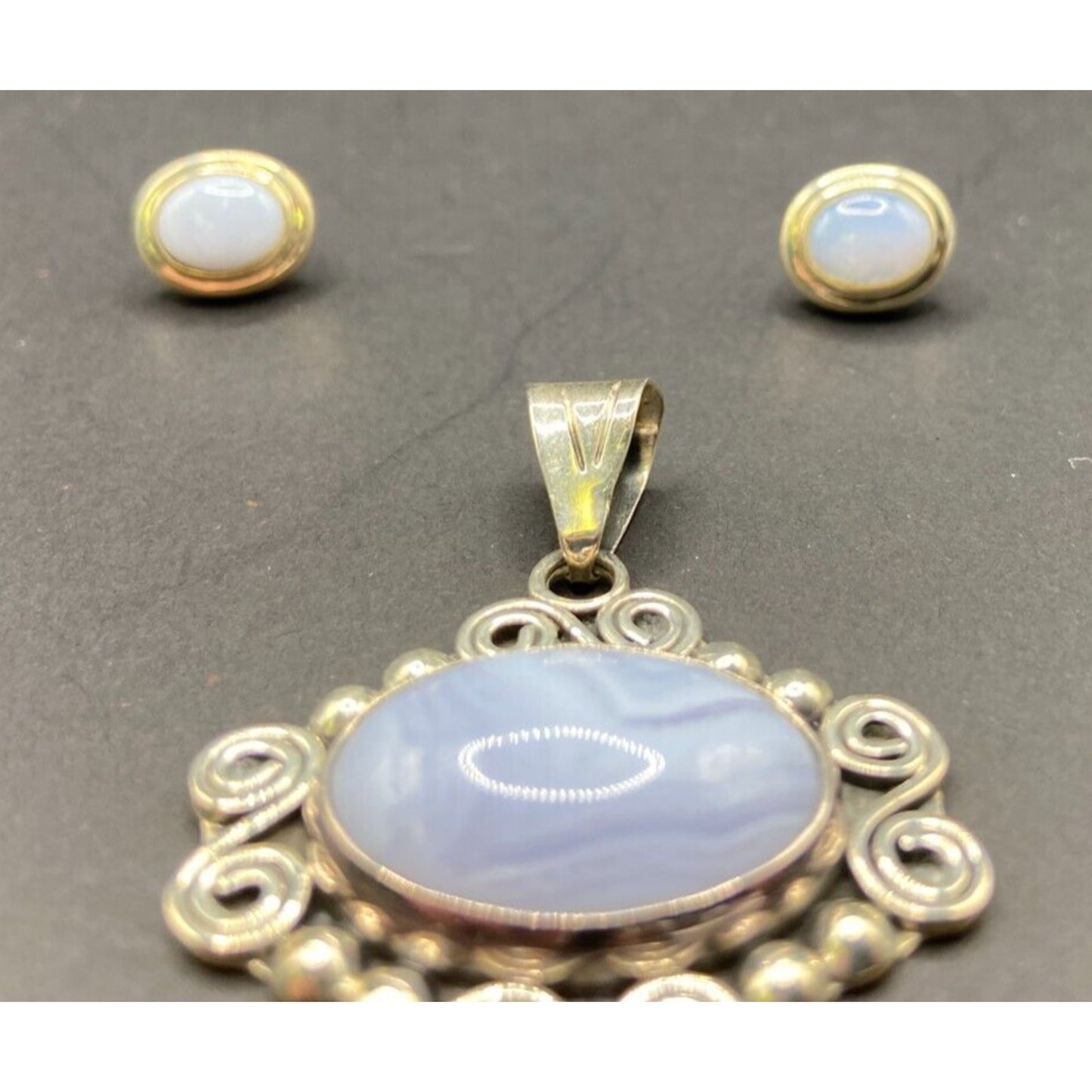 Blue Lace Agate Pendant Stud Earrings Set Marbled Stone 925 Sterling Silver CII