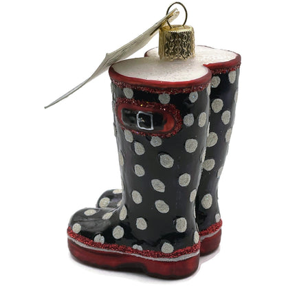 Rubber Boots Ornament Black Polka Dots OWC Old World Christmas Tree Decoration