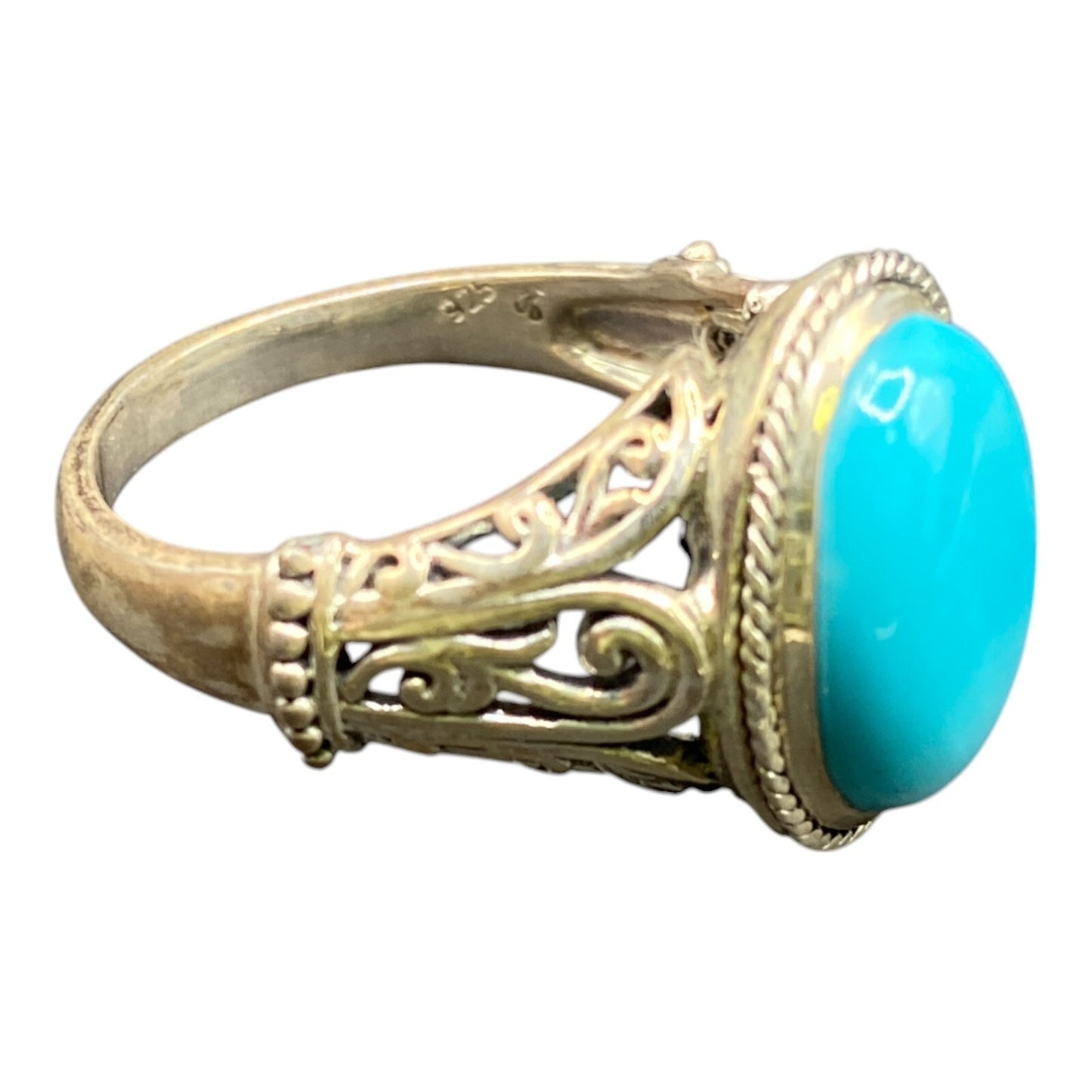 925 Sterling Silver Filigree Oval Turquoise Gemstone Cocktail Ring Size 8 3/4