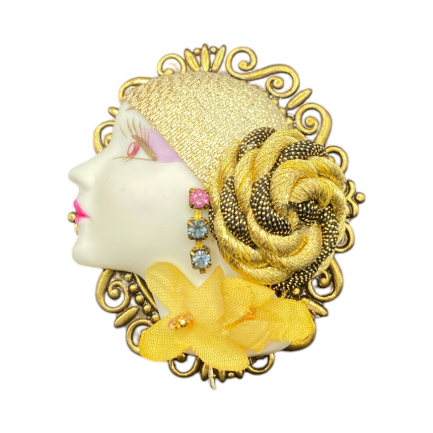 Vintage Porcelain Lady Cameo Brooch Rhinestones Gold Tone Metal Filigree