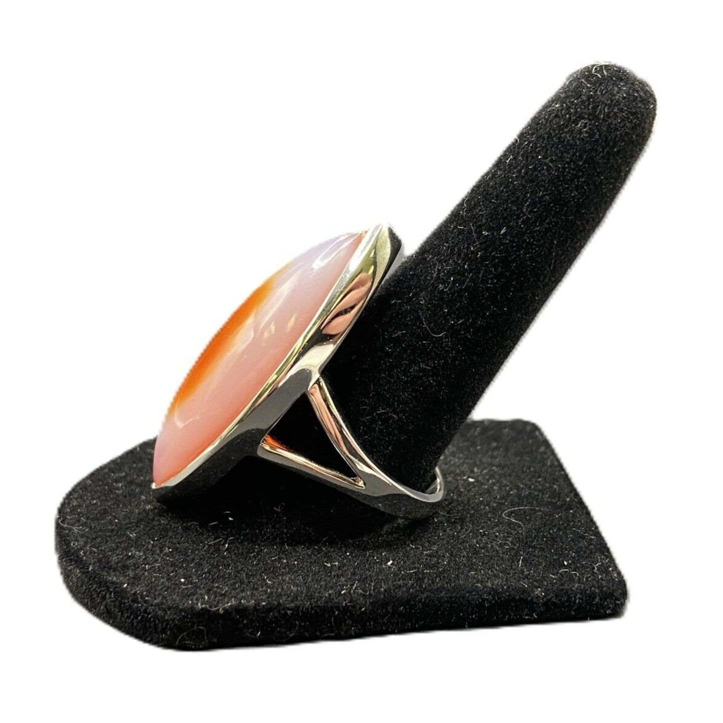 925 Sterling Silver Ring Agate Pink Orange Semi Precious Stone Marquise Size 9
