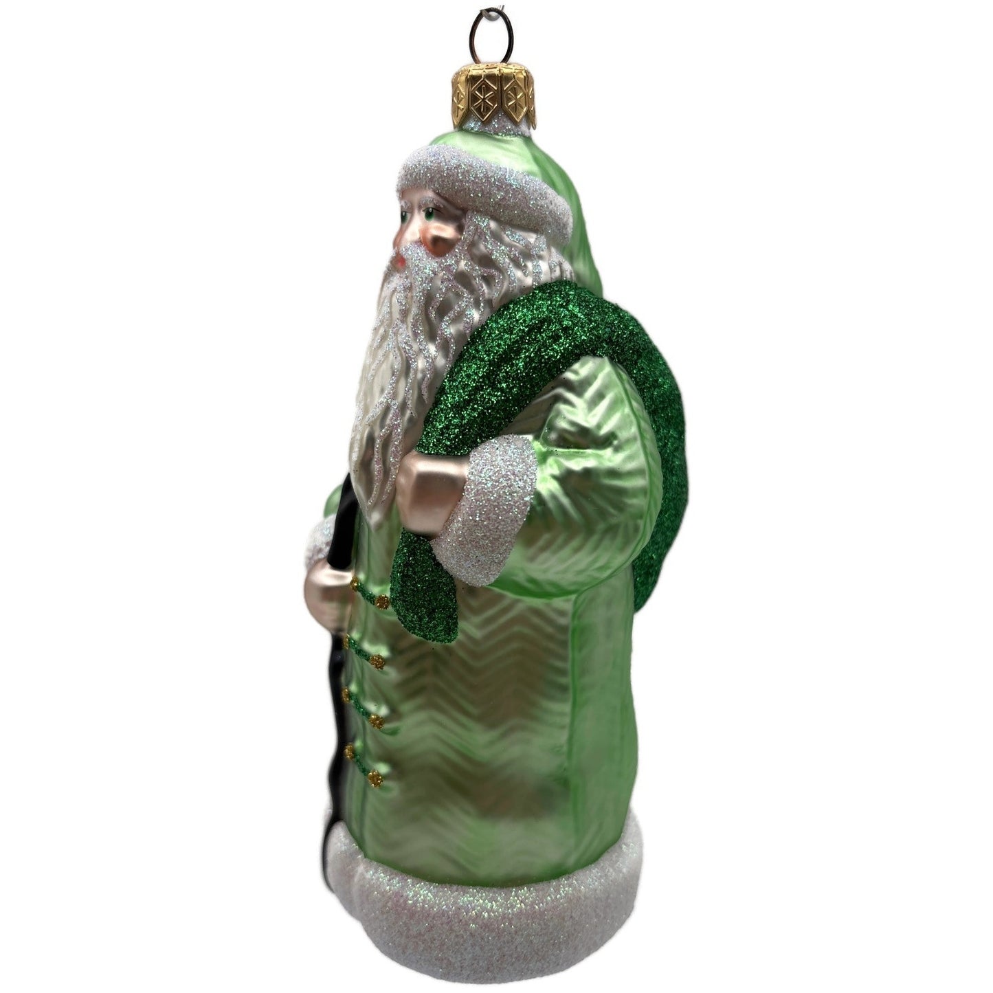 Patricia Breen Santa of the Mead Green White Trim Black Staff Christmas Ornament