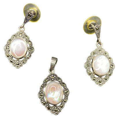 Mother Of Pearl Oval Pendant Earrings Set Marcasite Crystal 925 Sterling Silver