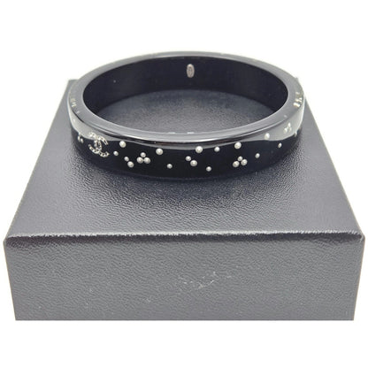 Chanel Black Resin Faux Pearl Crystal CC Logo Details Bangle Bracelet Jewelry