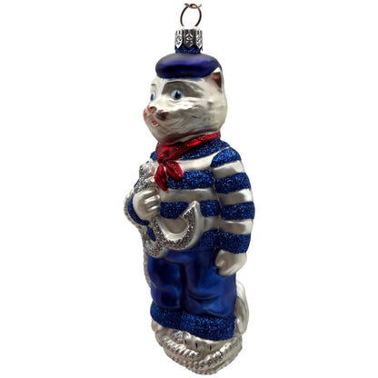 Patricia Breen Marseilles Cat Blue Silver Anchor Striped Christmas Tree Ornament