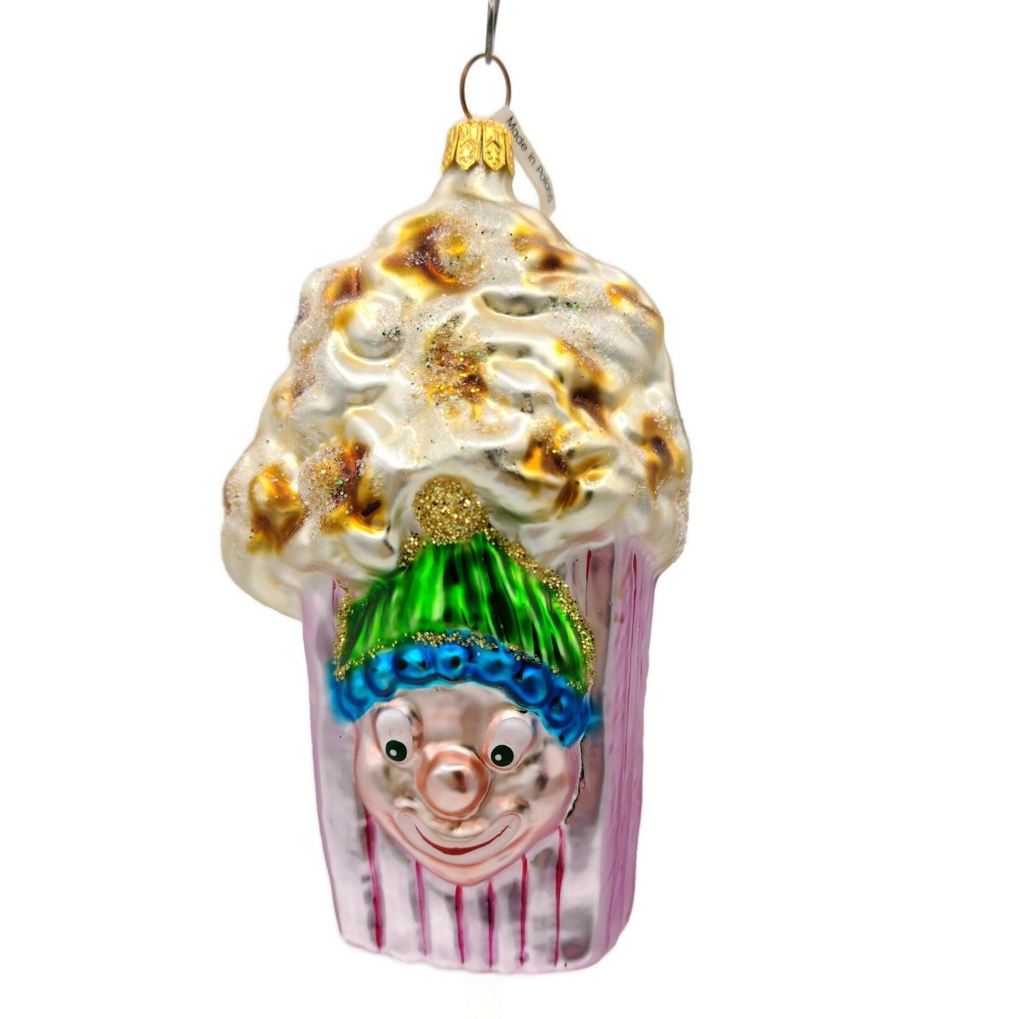 Larry Fraga Popcorn Box Blown Glass Circus Clown Movie Glitter Striped Ornament