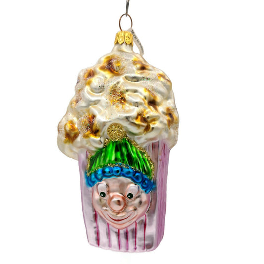 Larry Fraga Popcorn Box Blown Glass Circus Clown Movie Glitter Striped Ornament