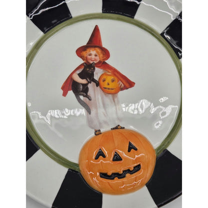 Department 56 Plate Halloween Witch Black Cat Jack O Lantern Plate White Striped