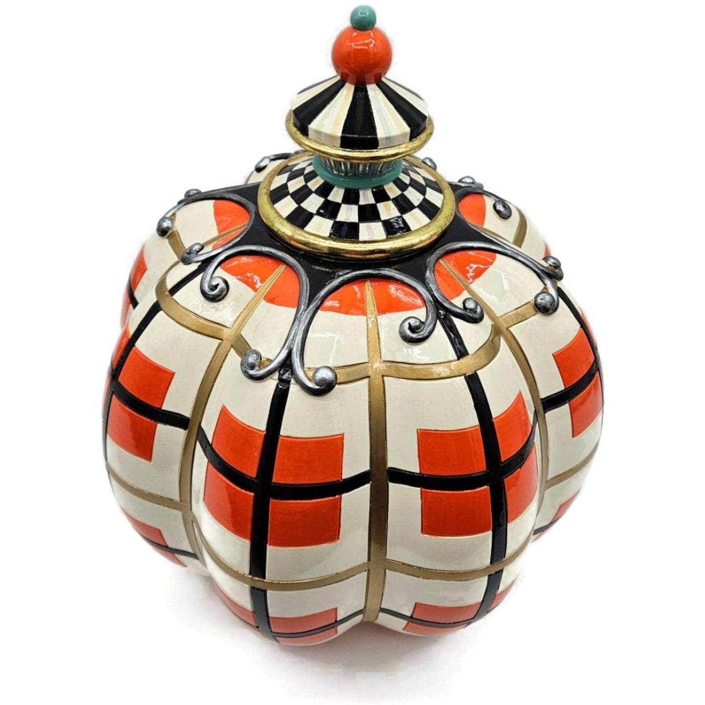 MacKenzie-Childs Parchment Check Pumpkin Halloween Plaid Orange Black