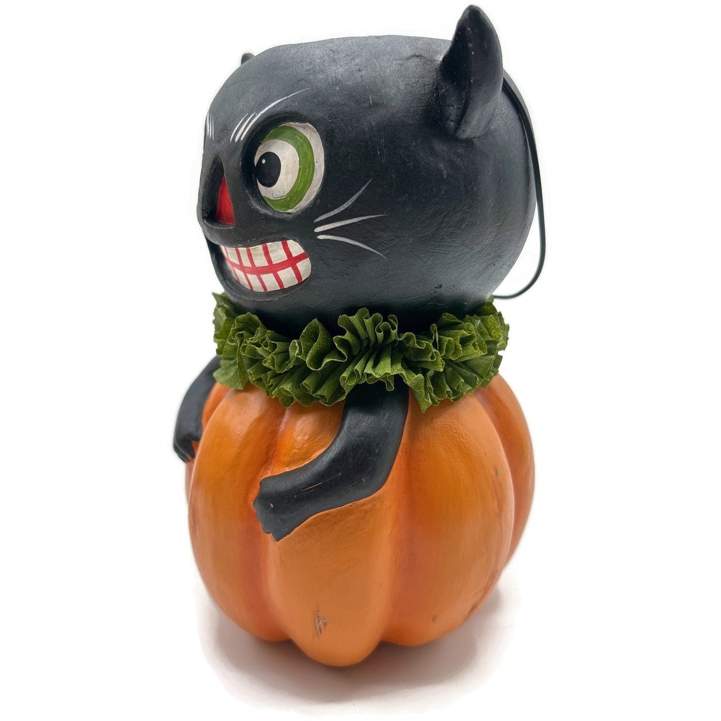 Bethany Lowe Halloween Vintage Style Black Cat in Pumpkin Bucket Paper Pulp New