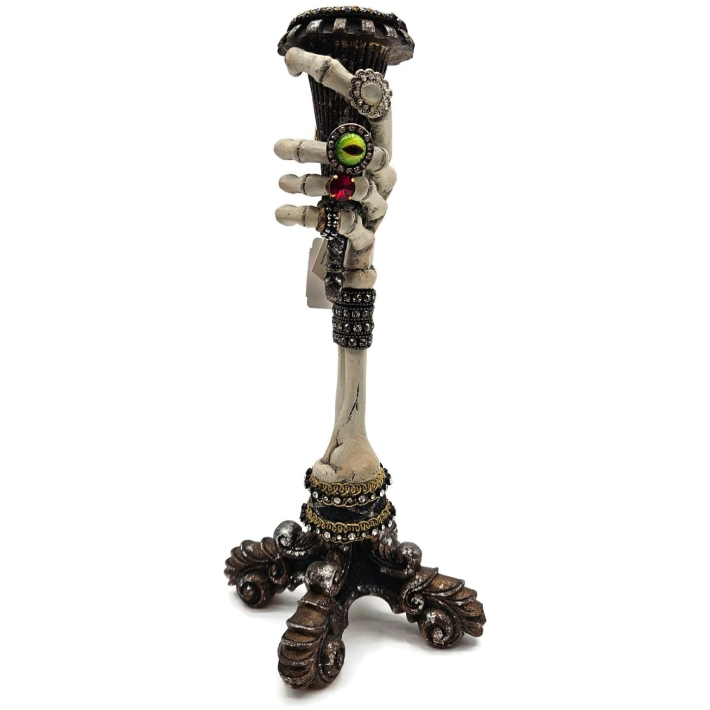 Katherine’s Collection Skeleton Hand Taper Candle Holders Pair Jeweled Rings 13"
