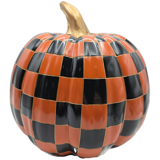MacKenzie Childs Courtly Check Halloween Pumpkin Large Orange Black w/ Gold Stem