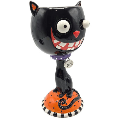 Department 56 Halloween Google Eye Black Cat Goblet Ceramic Candy Dish Party
