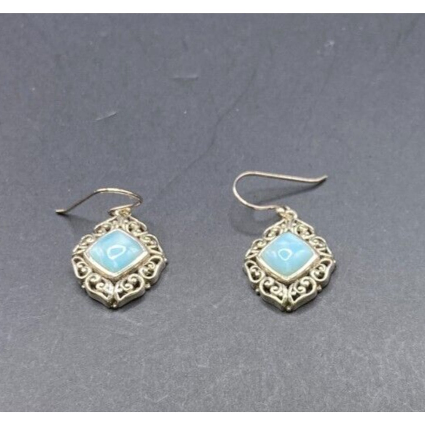 Larimar Fish Hook Earrings Cushion Cut Gemstone 925 Sterling Silver NK Thailand