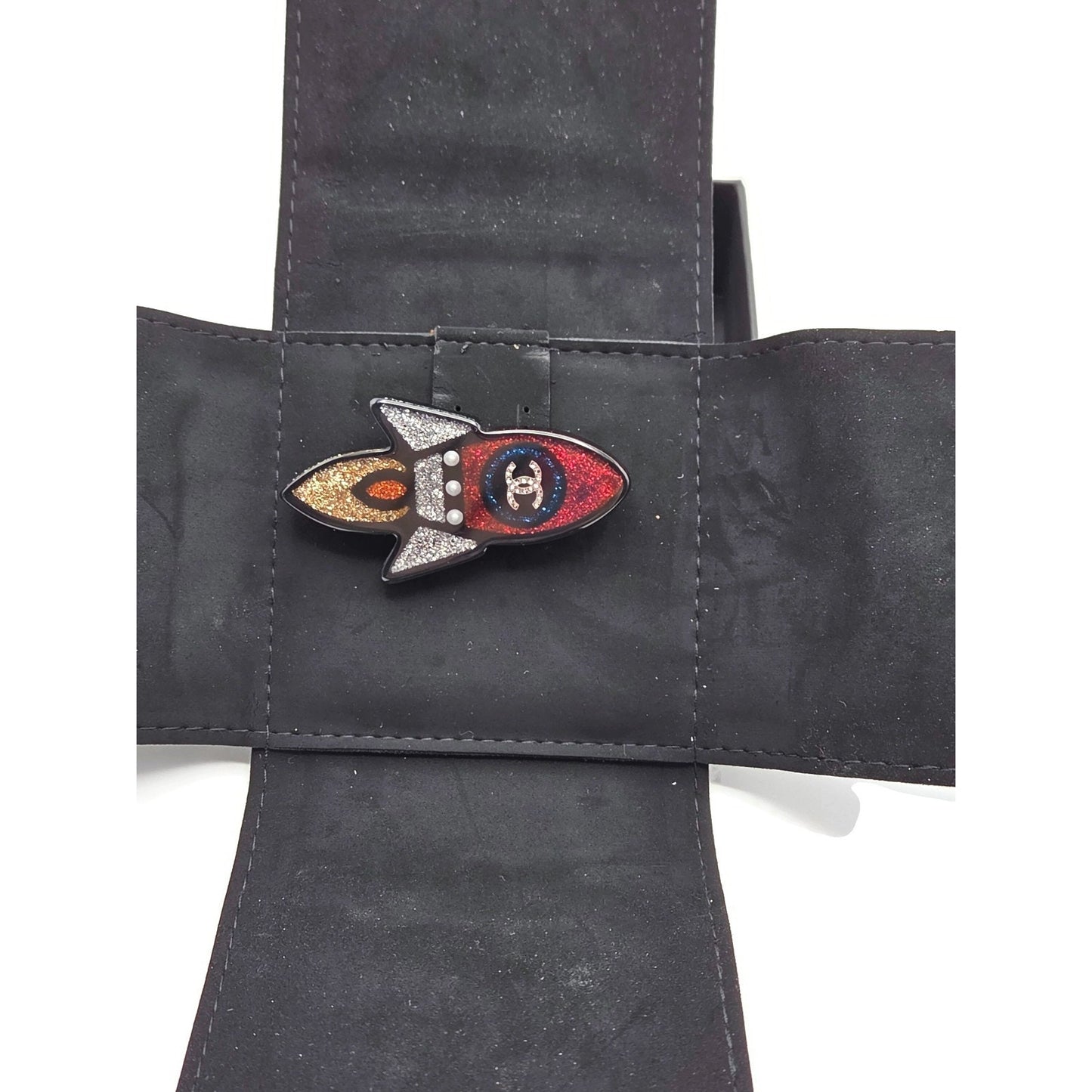 Chanel Rocket Brooch 17S A89416 Space Ship Pin Black Red Grey Glitter Rare Resin