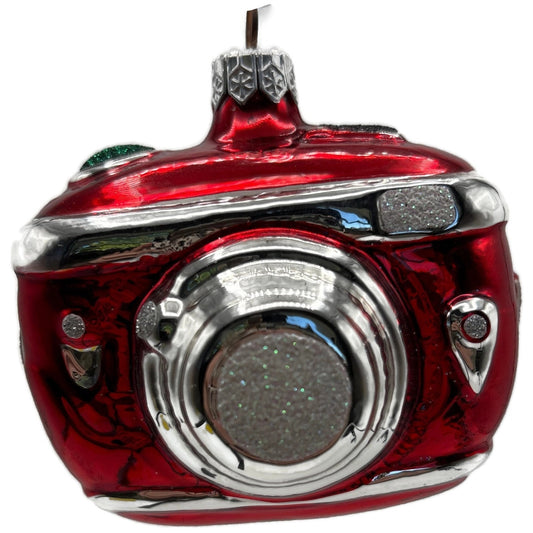 Patricia Breen Smile Red Silver Camera Blown Glass Christmas Holiday Ornament