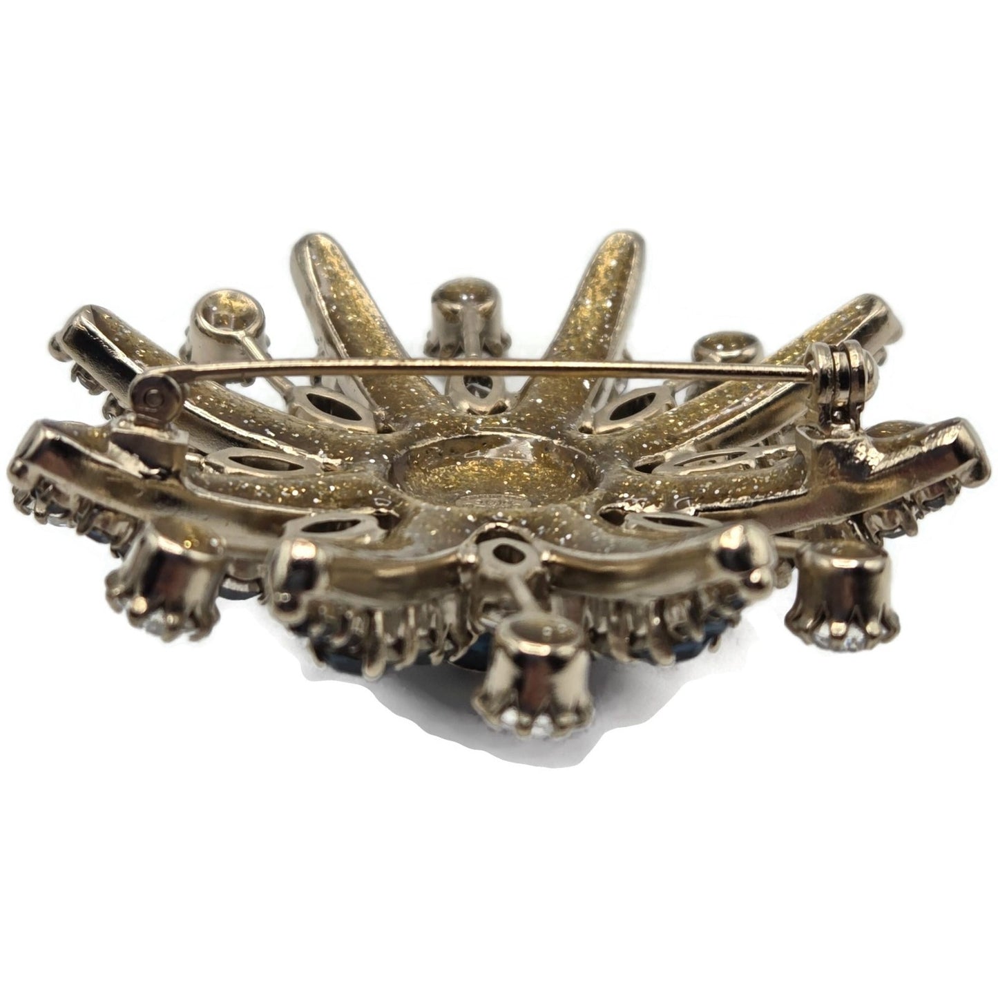 CoCo Chanel Starburst Brooch Blue Crystal Rhinestone Gold Tone Pin with Box Rare