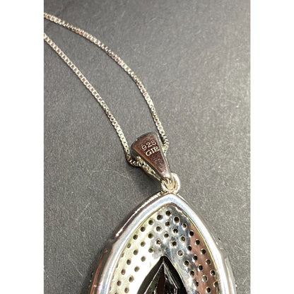 Black Onyx Teadrop Pendant Marcasite 925 Sterling Silver Box Chain Necklace GIE