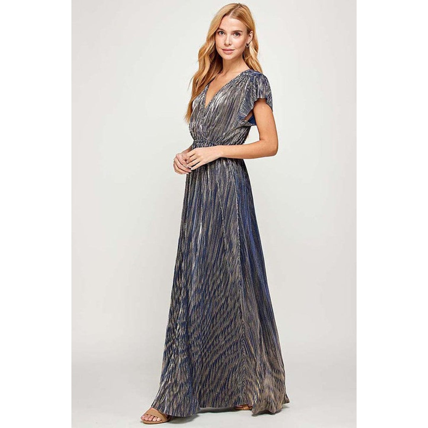 Ladies Small Holiday Maxi Dress Navy Blue Gold Shimmer V-Neck 62 inch