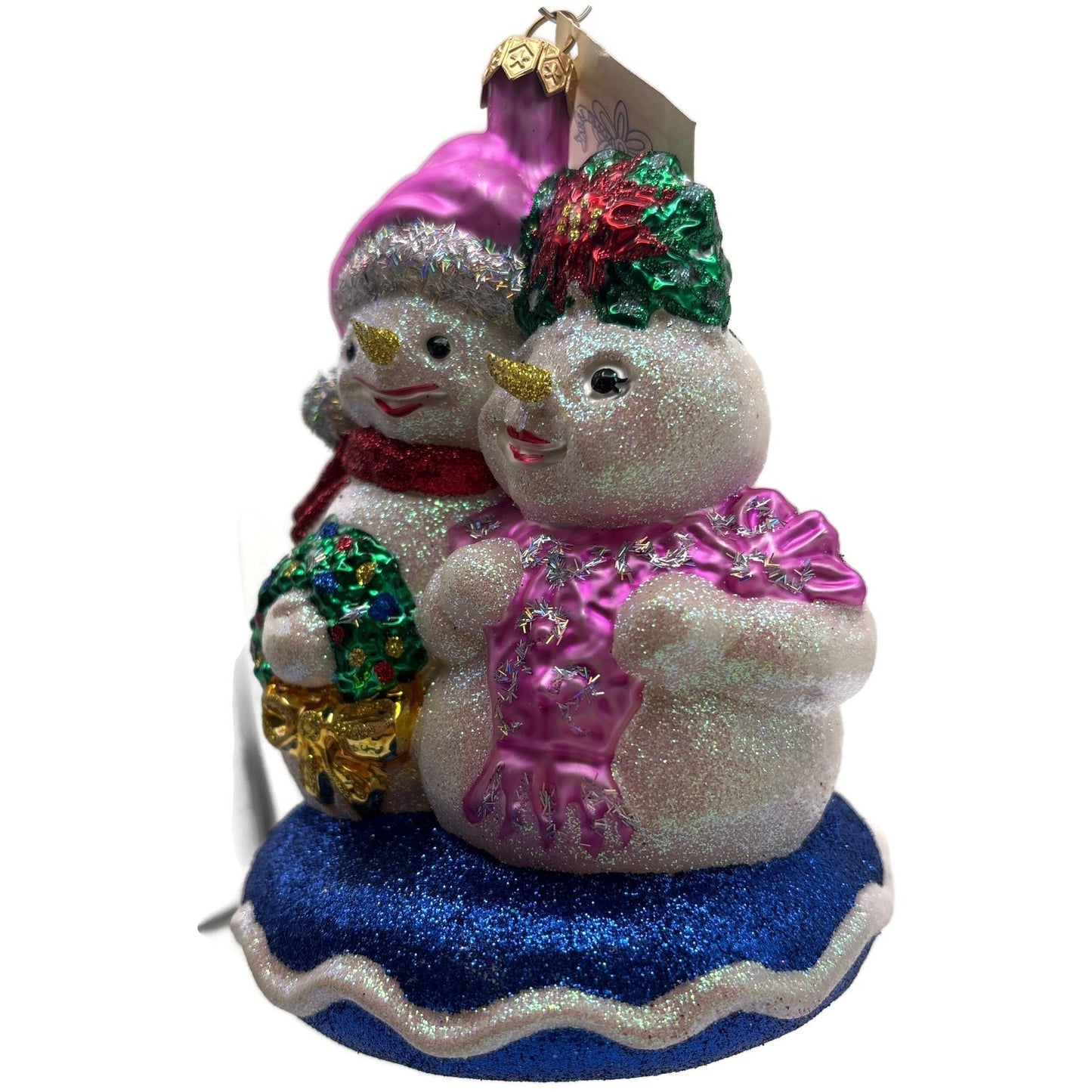 Larry Fraga Glitter Series Snowman Couple Wreath Pink Hat Blue Base Ornament