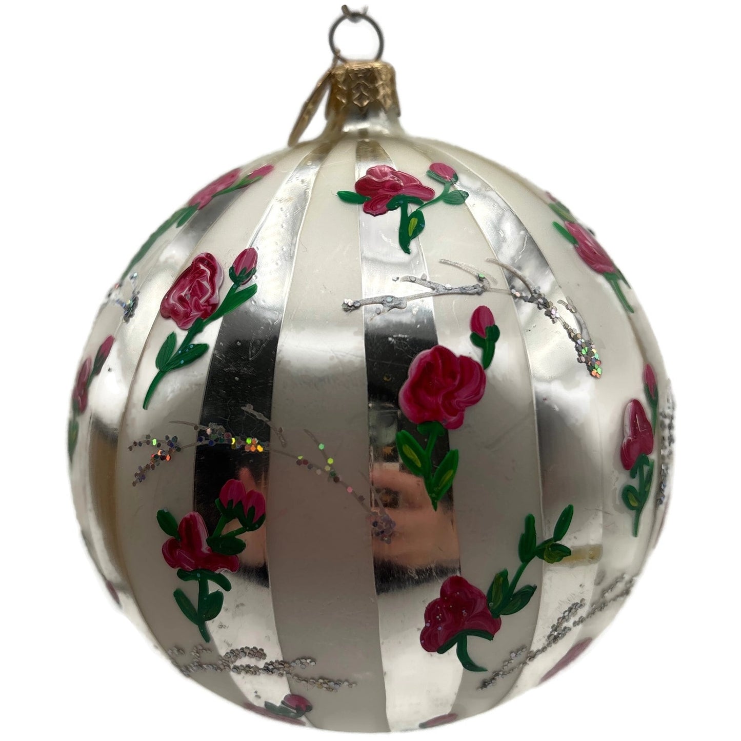 Christopher Radko Parlour Pink Roses Silver Striped Glitter Christmas Ornament