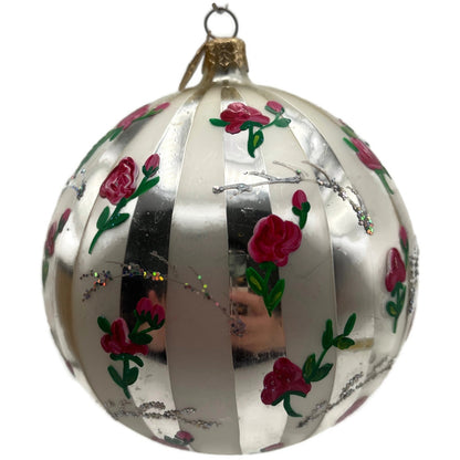 Christopher Radko Parlour Pink Roses Silver Striped Glitter Christmas Ornament