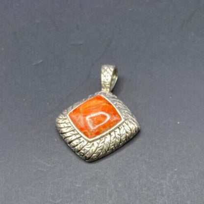 Natural Spiny Oyster Pendant Orange Polished Shell Sterling Silver Diamond Shape