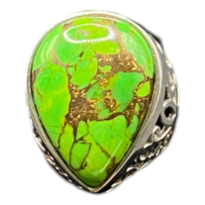 MSI 925 Sterling Silver Ring Teardrop Shape Lime Green Turquoise Thailand Size 8