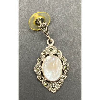 Mother Of Pearl Oval Pendant Earrings Set Marcasite Crystal 925 Sterling Silver