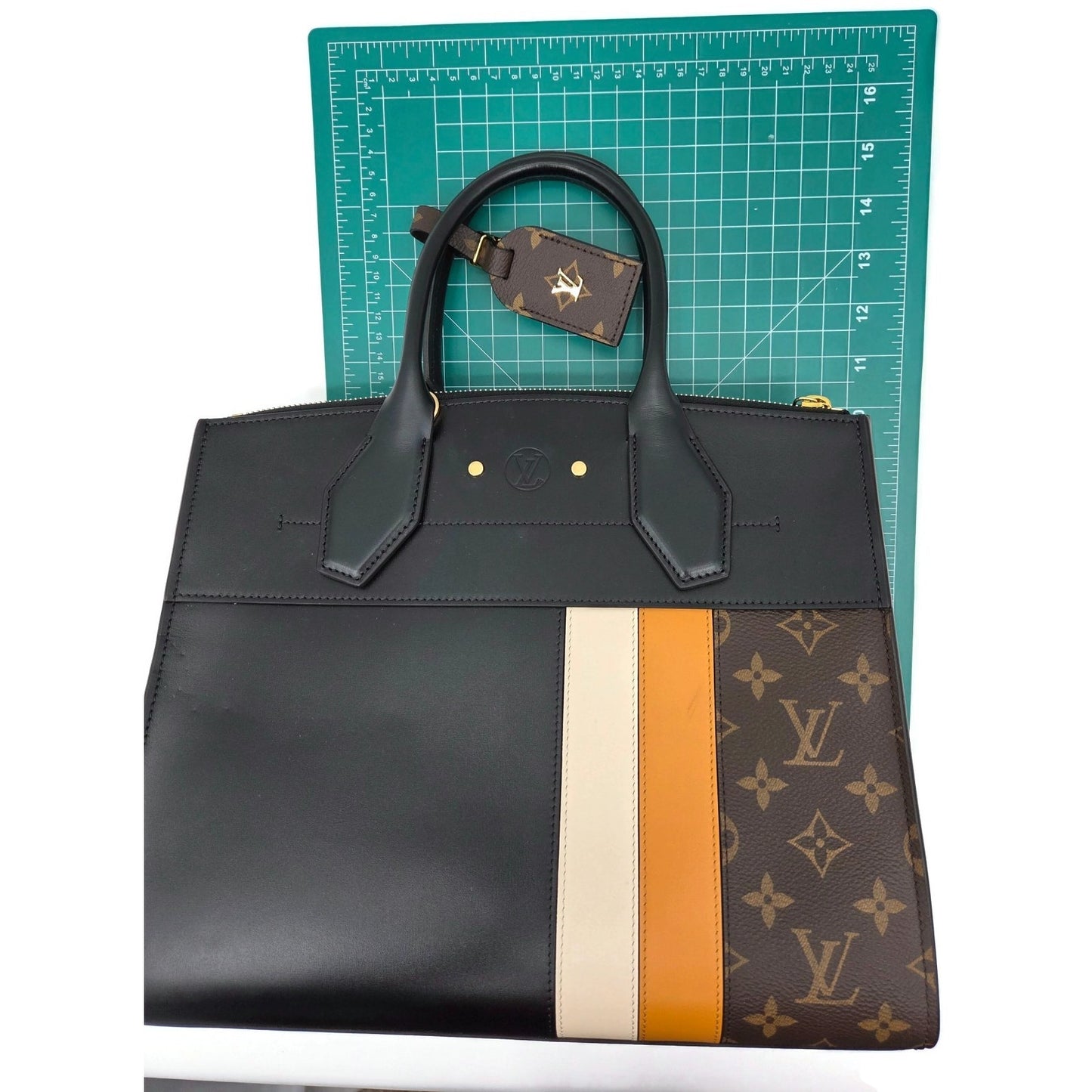 Louis Vuitton City Steamer MM Handbag M55433 Black Calfskin Monogram Stripe Bag