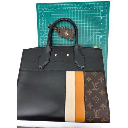Louis Vuitton City Steamer MM Handbag M55433 Black Calfskin Monogram Stripe Bag