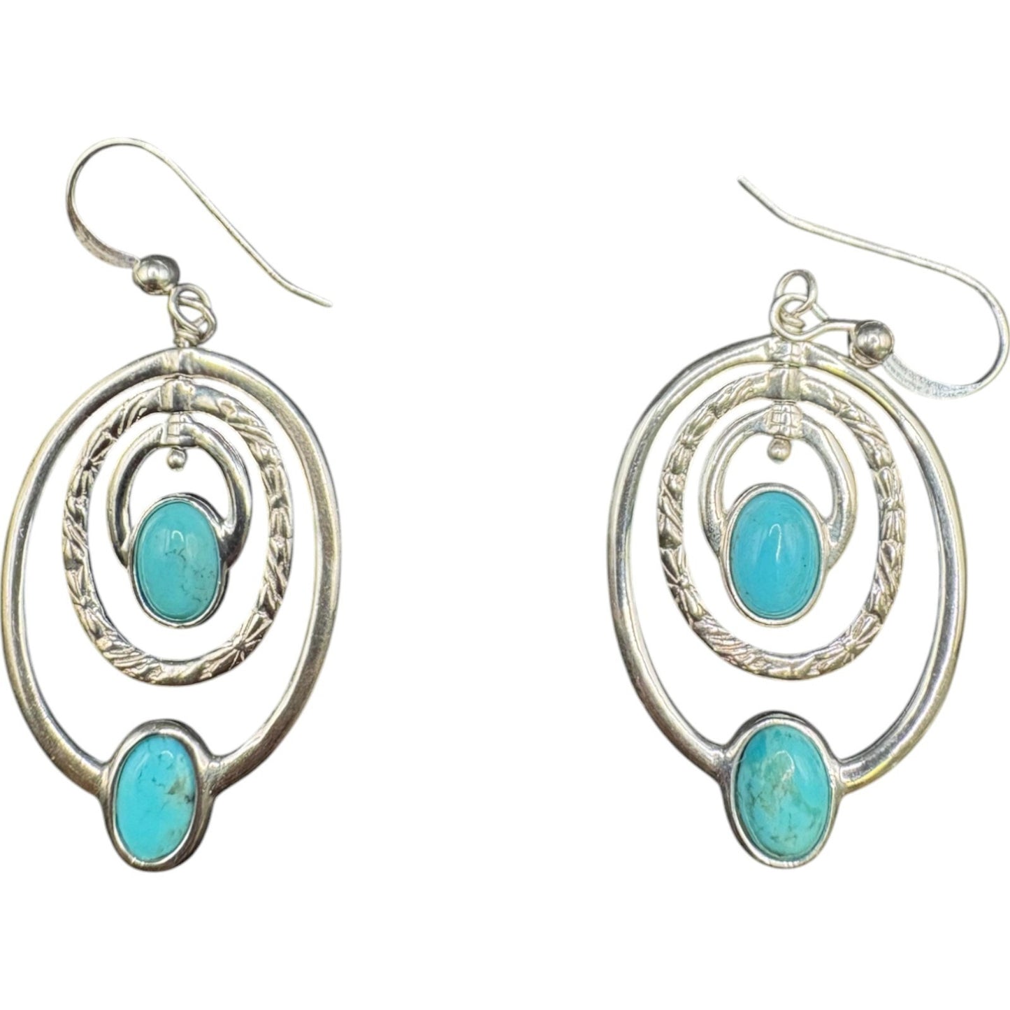 Sleeping Beauty Turquoise Gemstone Hoop Earrings Concentric Oval Silver Metal