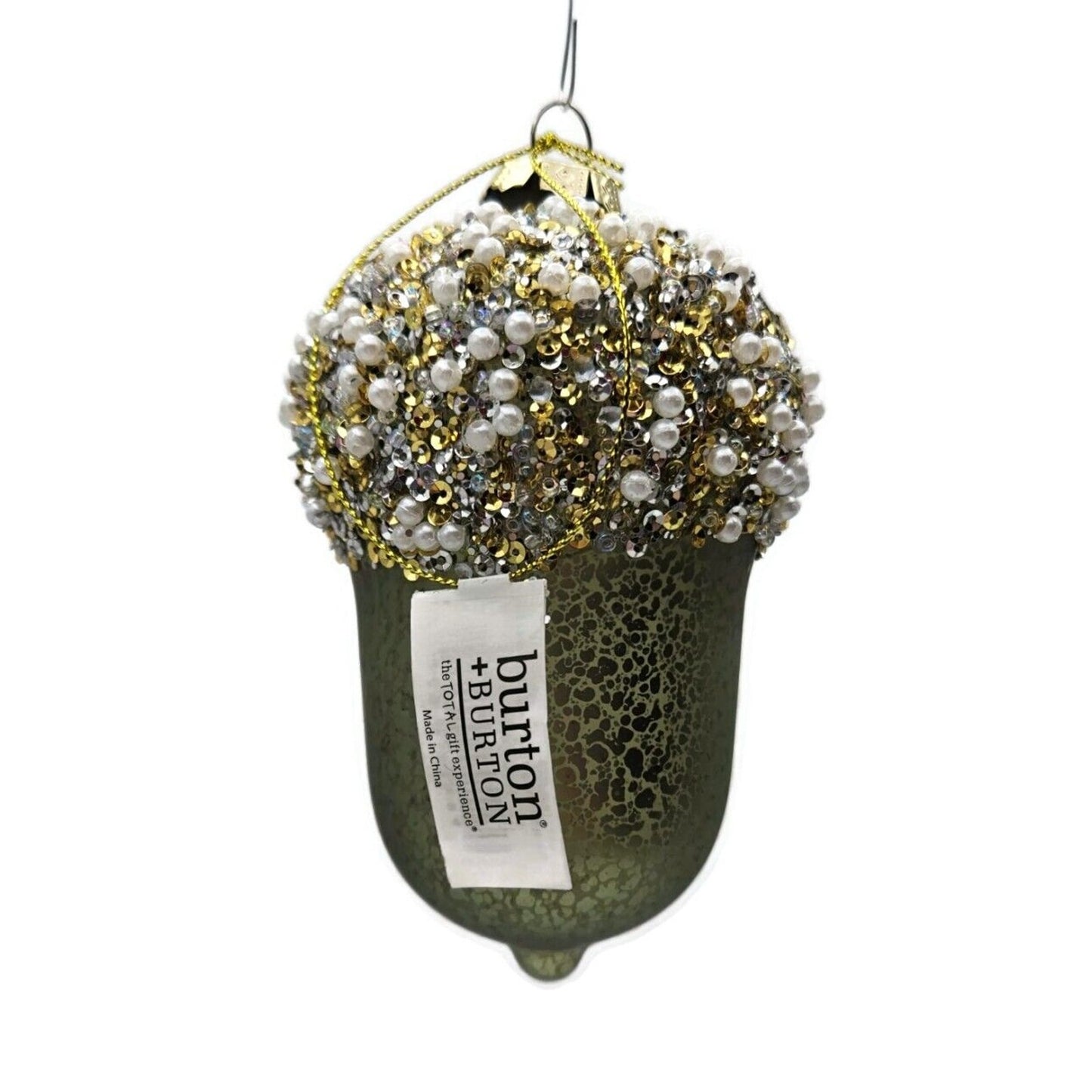burton + Burton Acorn Green Pearl Blown Glass Christmas Holiday Tree Ornament