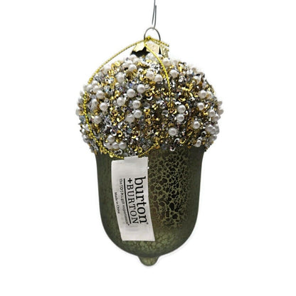 burton + Burton Acorn Green Pearl Blown Glass Christmas Holiday Tree Ornament