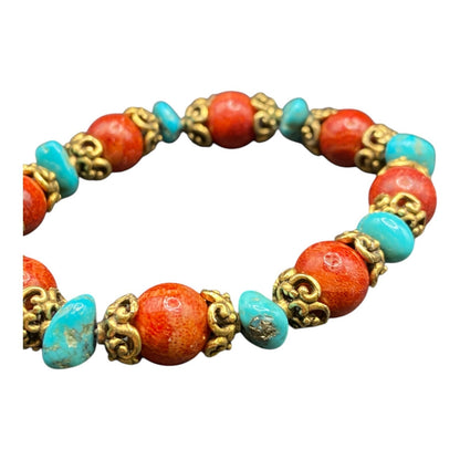 3 Pc Set Sponge Coral Turquoise Beaded Necklace Bracelets Gold Tone Metal
