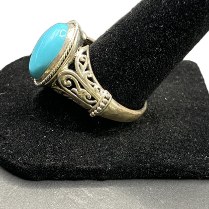 925 Sterling Silver Filigree Oval Turquoise Gemstone Cocktail Ring Size 8 3/4