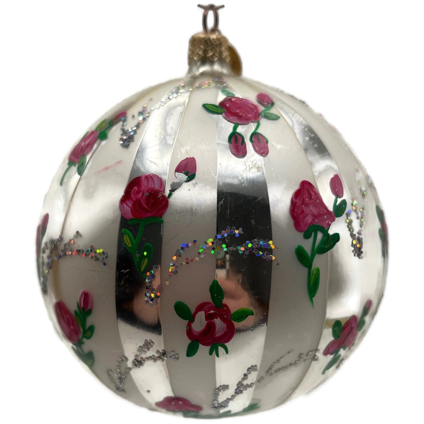 Christopher Radko Parlour Pink Roses Silver Striped Glitter Christmas Ornament