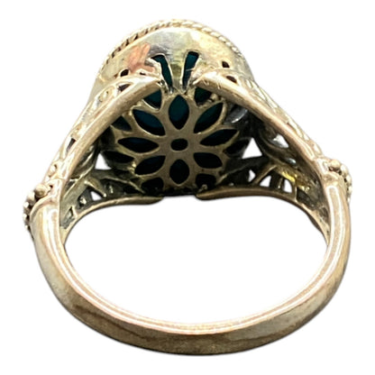 925 Sterling Silver Filigree Oval Turquoise Gemstone Cocktail Ring Size 8 3/4
