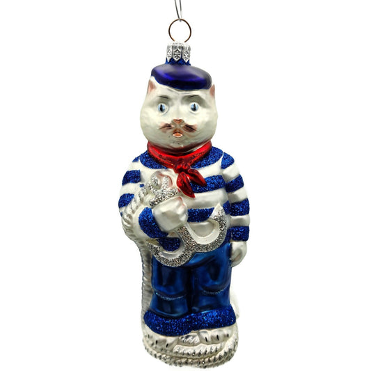 Patricia Breen Marseilles Cat Blue Silver Anchor Summer Nautical Tree Ornament