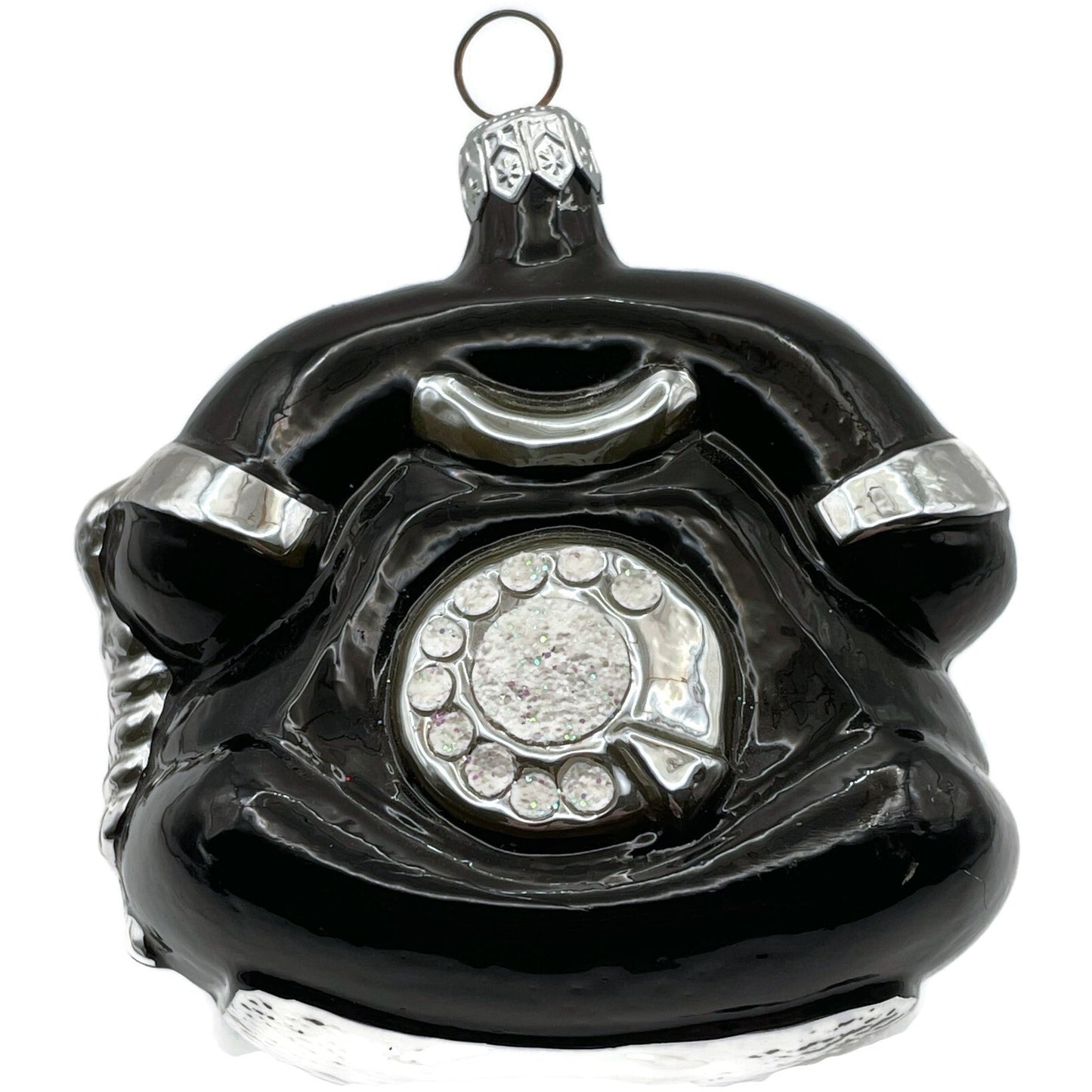 Patricia Breen Fine Phone Black Silver Trim Shiny Telephone Christmas Ornament