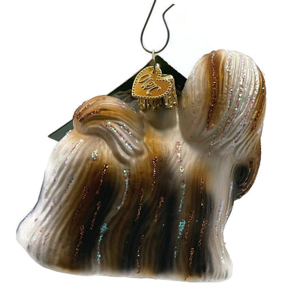OWC Shih Tzu Dog Ornament Blue Bow Pet Glittered Old World Christmas Tree Decor