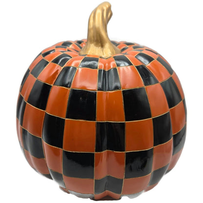 MacKenzie Childs Courtly Check Halloween Pumpkin Large Orange Black w/ Gold Stem