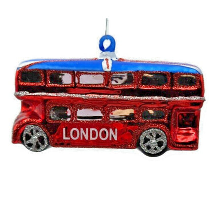 London England Double Decker Red Bus Glass Christmas Holiday Tree Ornament